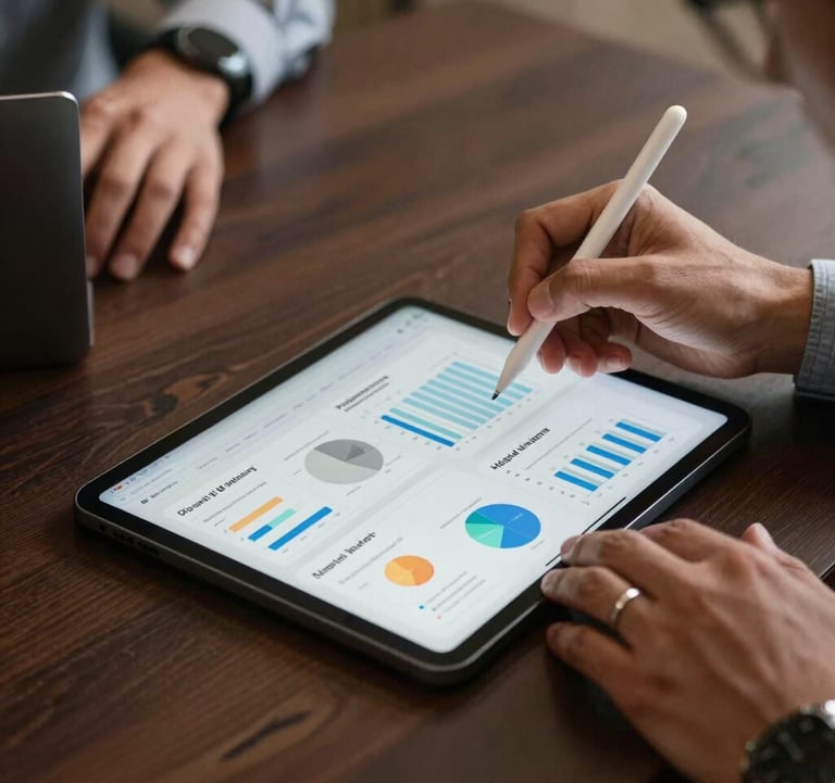 A high-resolution photo of a digital marketing team in Dubai planning a social media campaign. A close-up of a hand using a stylus on a tablet showing property market trends and charts. Sophisticated atmosphere with dark brown and beige textures.