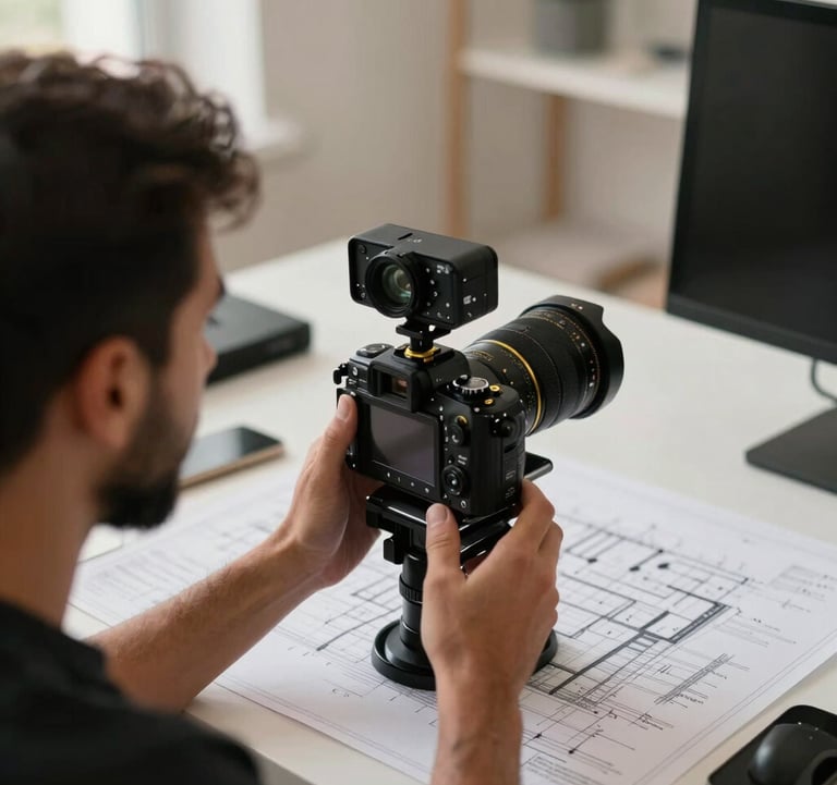A behind-the-scenes shot in a Middle Eastern / Gulf creative agency. A content producer is adjusting a professional camera over a desk covered in architectural blueprints. Sophisticated lighting, professional setup. Deep ripe black and gold accents.