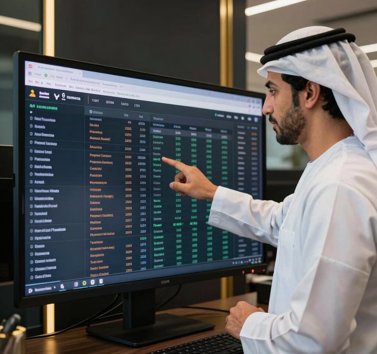 A real estate agent in a modern Dubai office reviewing property market data on a large touchscreen monitor with deep ripe black and gold accents in the background. Middle Eastern / Gulf.