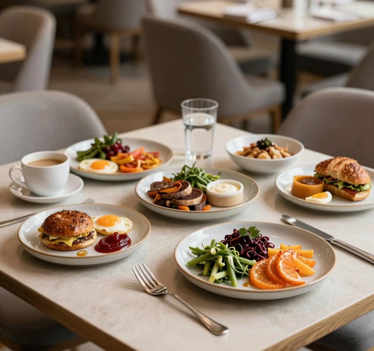 Professional food photography in a Scandinavian-inspired restaurant in the Middle Eastern / Gulf. A light beige table features a minimal breakfast setting with healthy, high-quality ingredients. Natural, soft lighting.