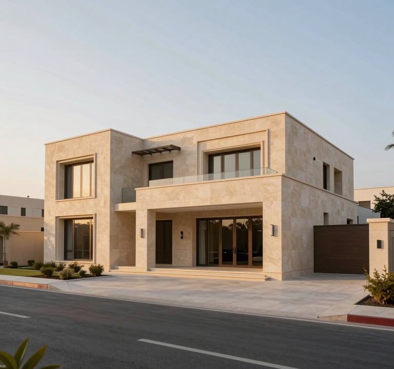 A wide-angle exterior shot of a contemporary luxury villa in a prestigious Dubai district during the golden hour, showcasing clean architectural lines and sandy beige stone. Middle Eastern / Gulf architecture.