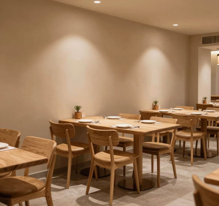 Interior of a cozy, Scandinavian-style restaurant in a Middle Eastern / Gulf setting. Minimalist wooden furniture, warm Beige walls, and soft ambient lighting. The scene is sophisticated and approachable.