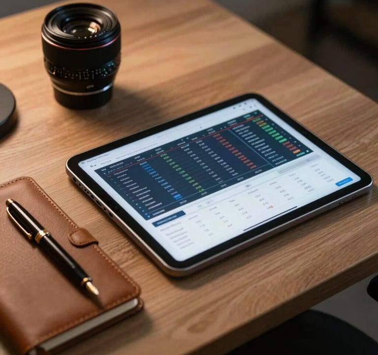 A high-end professional desk in a Middle Eastern / Gulf office featuring a digital tablet showing complex real estate market charts next to a leather-bound notebook and a fountain pen. Warm, focused lighting.