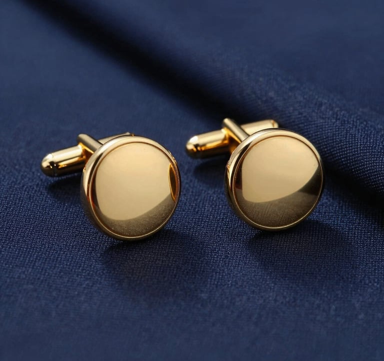 Close-up of a pair of solid gold cufflinks and the edge of a bespoke navy blue suit sleeve, reflecting high-end Southern European craftsmanship.