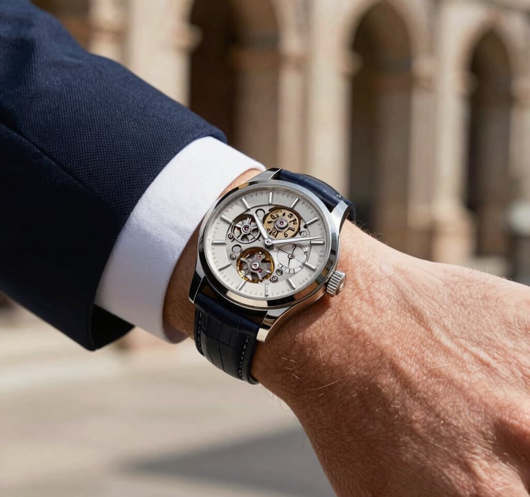 Close-up of a high-end mechanical watch on a wrist dressed in a bespoke navy suit, captured in a Southern European architectural setting with warm sunlight.