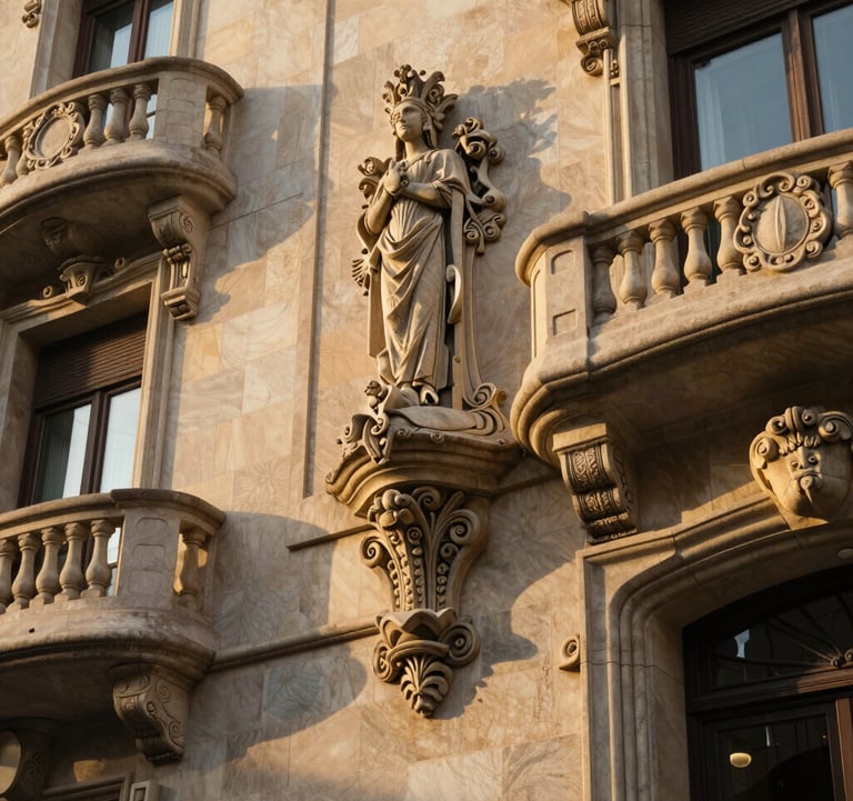 An elegant architectural detail of a modernist building facade in Barcelona, featuring ornate stone carvings and golden-toned morning light. Sophisticated and historic urban atmosphere.