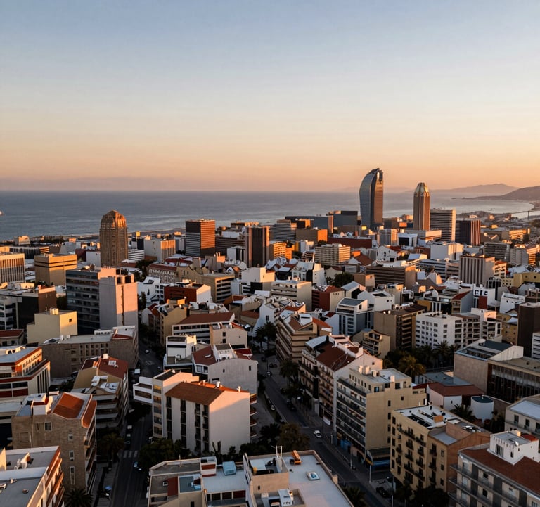 An aerial sunset view of the Barcelona coastline with its distinctive architecture, conveying prosperity and European tradition.