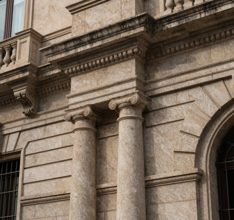 Close-up detail of a classical stone facade in the Eixample district of Barcelona, representing stability and legacy. Soft shadows, elegant textures, high-end architectural photography. Southern European setting.