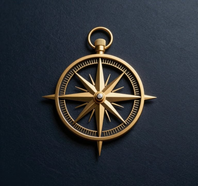 A minimalist gold compass icon on a dark navy leather background, symbolizing direction and financial stability in a luxury context.