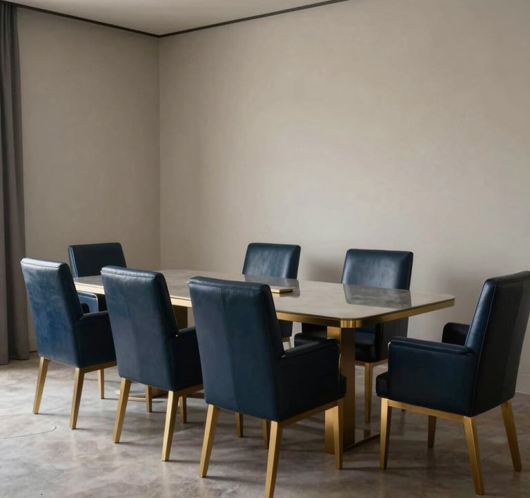 Interior of a refined private meeting room in Barcelona, featuring deep navy blue leather chairs and golden lighting accents, offering a sense of calm and discretion.