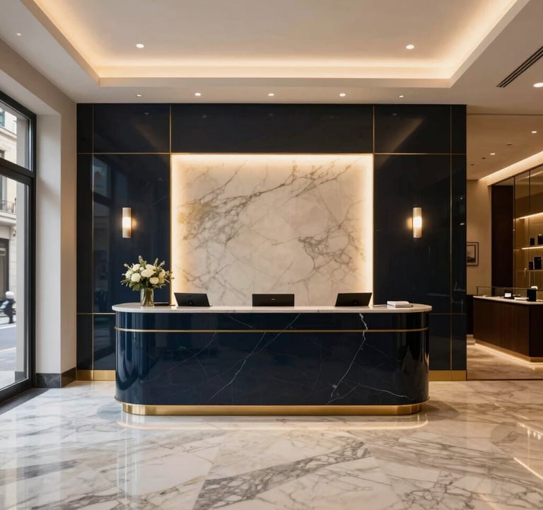 Interior of a high-end private banking reception in Paseo de Gracia, Barcelona. Polished marble floors, dark navy and gold accents, minimalist luxury design. Southern European / Spanish architectural style, warm and professional lighting.