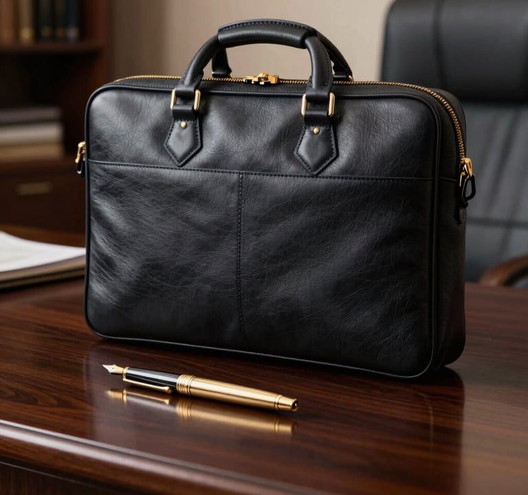 Detailed shot of a luxury leather briefcase and an elegant gold fountain pen resting on a dark mahogany desk in a Southern European executive office.