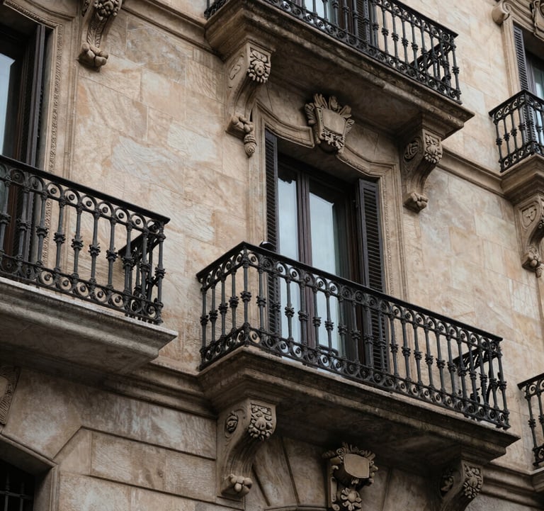 A close-up shot of architectural details in Barcelona, showing classic stone carvings and wrought iron balcony work in a luxury district.