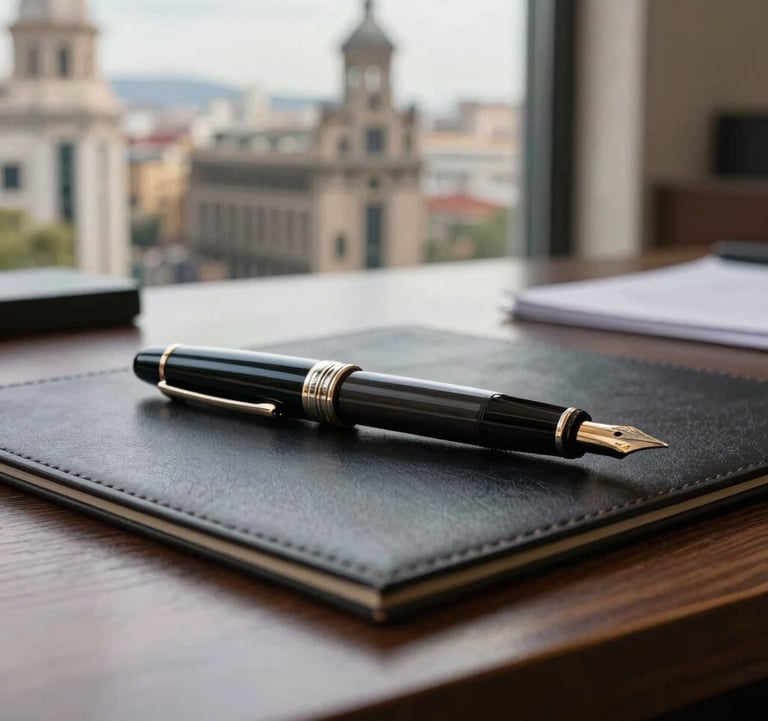 A close-up of a high-end fountain pen resting on a dark wood desk with a leather blotter in a prestigious office in Barcelona. Soft morning light through a window showing Passeig de Gràcia architecture. Southern European / Spanish styling.