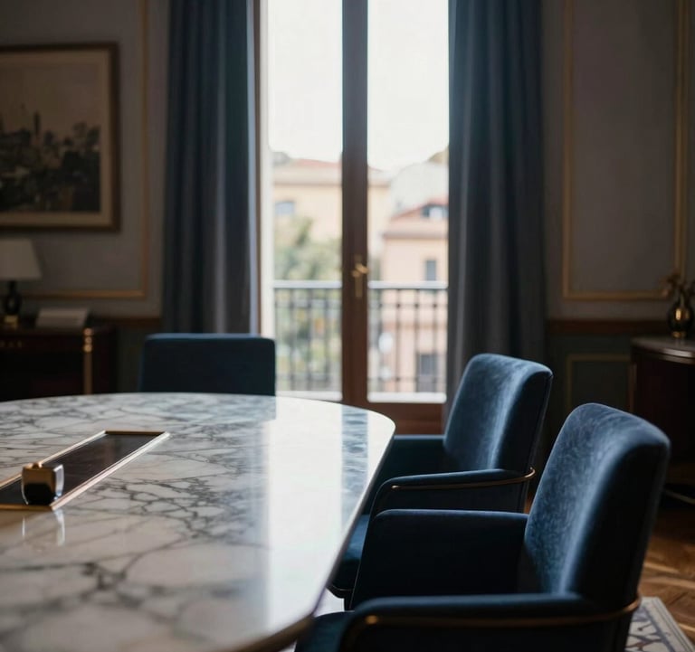 A sophisticated, quiet meeting room in a private bank, with dark blue upholstered chairs, a polished marble table, and a glimpse of a sunlit balcony overlooking Barcelona. Exclusivity and quiet wealth. Southern European / Spanish.