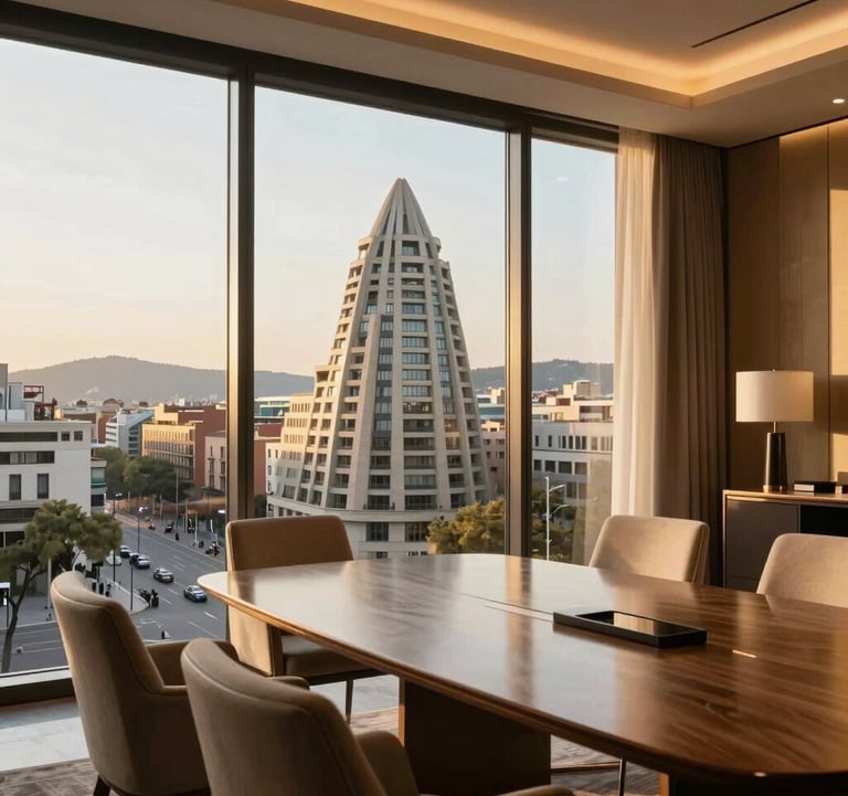 View from a sophisticated executive meeting room window overlooking the iconic modernist architecture of Paseo de Gracia, Barcelona. Luxury furniture, golden hour lighting, exclusive atmosphere. Southern European style.