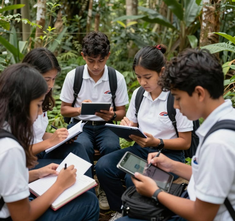 Action shot of South American high school students engaged in a collaborative fieldwork activity in a lush green natural reserve, using tablets and notebooks, bright natural lighting, professional and educational atmosphere.