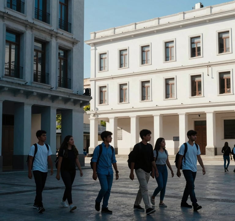 A group of students walking through a modern urban plaza in a South American city, looking at historical architecture. The style is clean and professional, with high contrast between the dark blue shadows and bright off-white buildings.