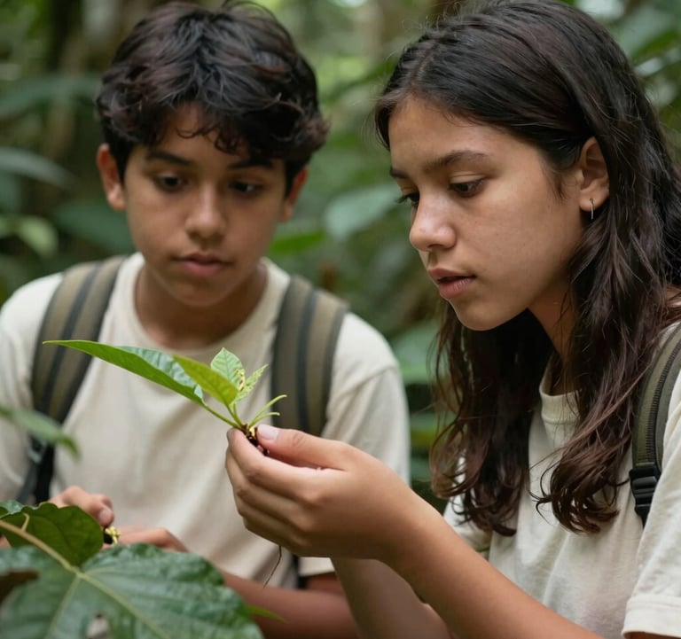 Close-up of South American students observing a botanical specimen in a lush natural reserve. Soft natural lighting, focusing on the expression of curiosity. Professional photography with off-white and deep green tones.