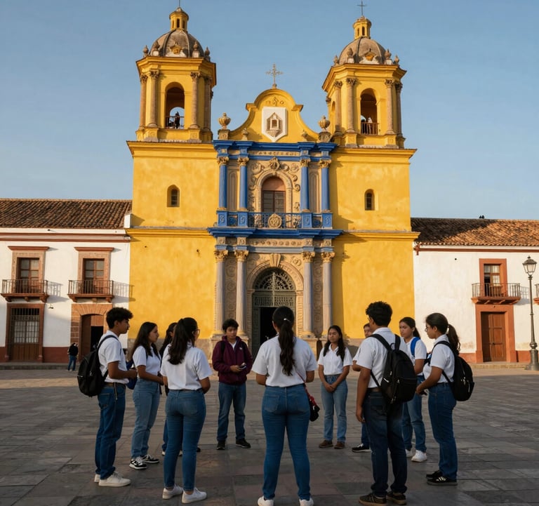 Photography of a colonial era plaza in South America, featuring students engaged in a guided tour. Clean, modern composition with vibrant golden yellow sunlight and steel blue architectural details.