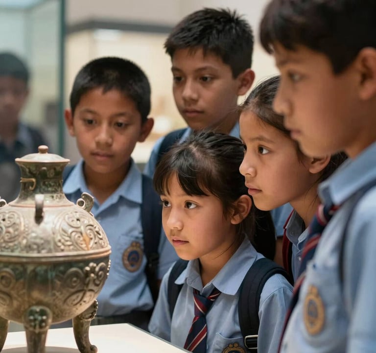 Close-up photography of a group of primary school children in South American school uniforms looking curiously at a historical artifact in a museum, soft natural lighting.