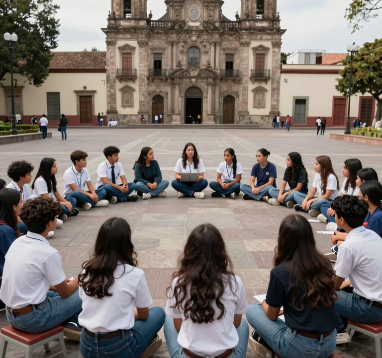 Photography of secondary students sitting in a circle in a historic urban plaza in South America, engaged in an active educational discussion with their teacher.