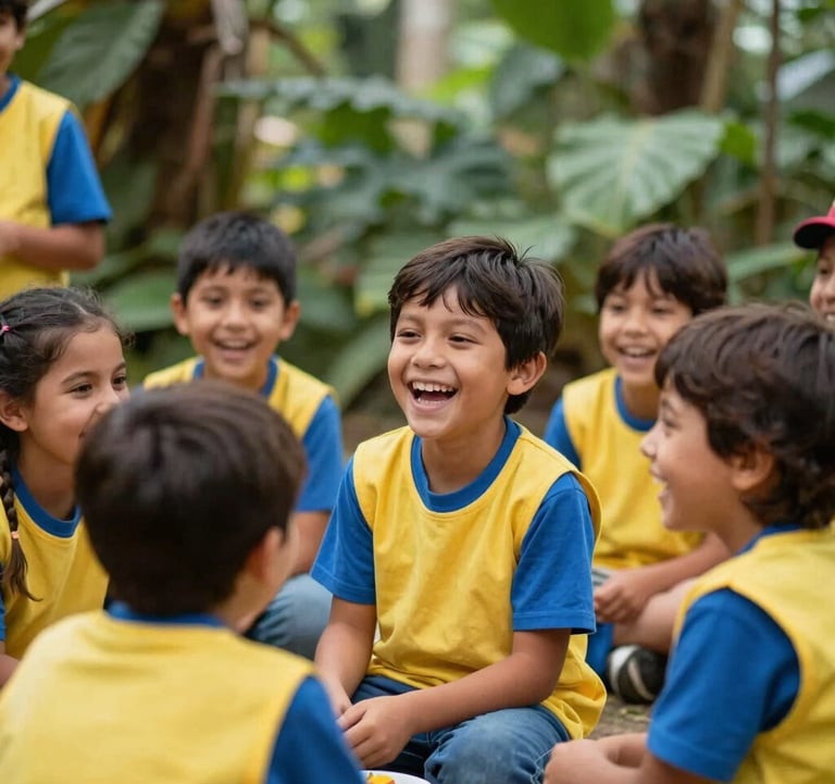 Candid photograph of children laughing during a sensory exploration workshop in a South American botanical garden, soft focus background, vibrant natural colors with yellow and steel blue elements in their uniforms.