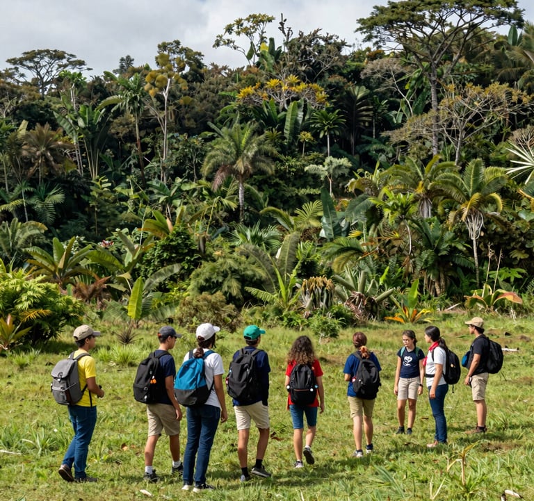 A wide landscape shot of students exploring a lush green nature reserve in South America, led by a guide, with bright daylight and a sense of adventure.
