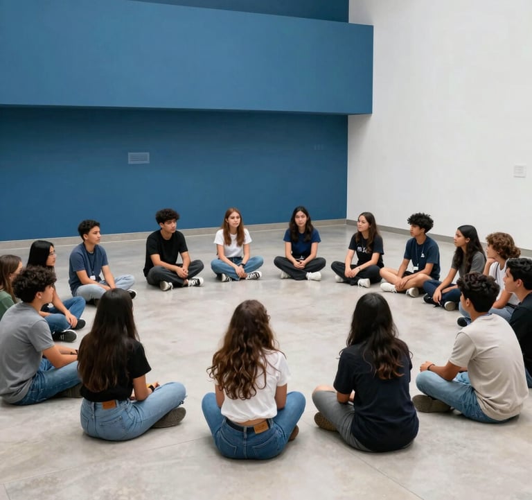 Wide shot of a group of students sitting in a circle on a clean, modern museum floor in South America, listening to a storyteller, bright lighting, colors include steel blue and white.