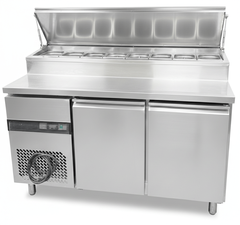 Commercial refrigerator with top lid open. and solid door