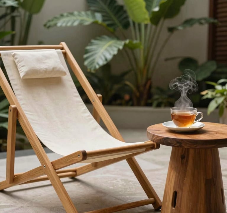 A peaceful relaxation lounge in a luxury spa with clean warm cream linen, elegant minimalist wooden deck chair, a steaming cup of ginger tea on a wooden side table, lush green tropical plants softly blurred in the background, Southeast Asian / Indonesian style.