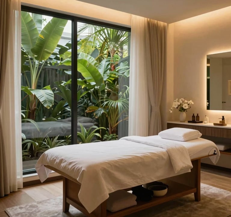 A serene treatment room at a luxury wellness spa in South Jakarta. Large window showing lush green tropical plants outside, elegant wooden massage table, soft cream curtains, gentle warm lighting.