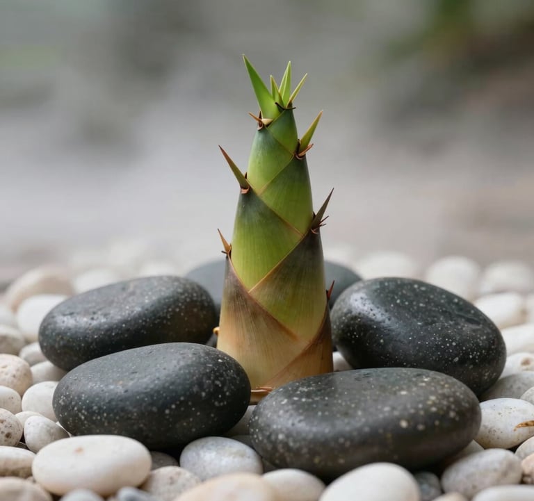 A serene close-up photograph of natural elements in a wellness retreat, showing a set of smooth dark river stones and a green bamboo shoot sitting on clean white pebbles, with a soft mist in the air. Soft diffused lighting, calming earth tones.