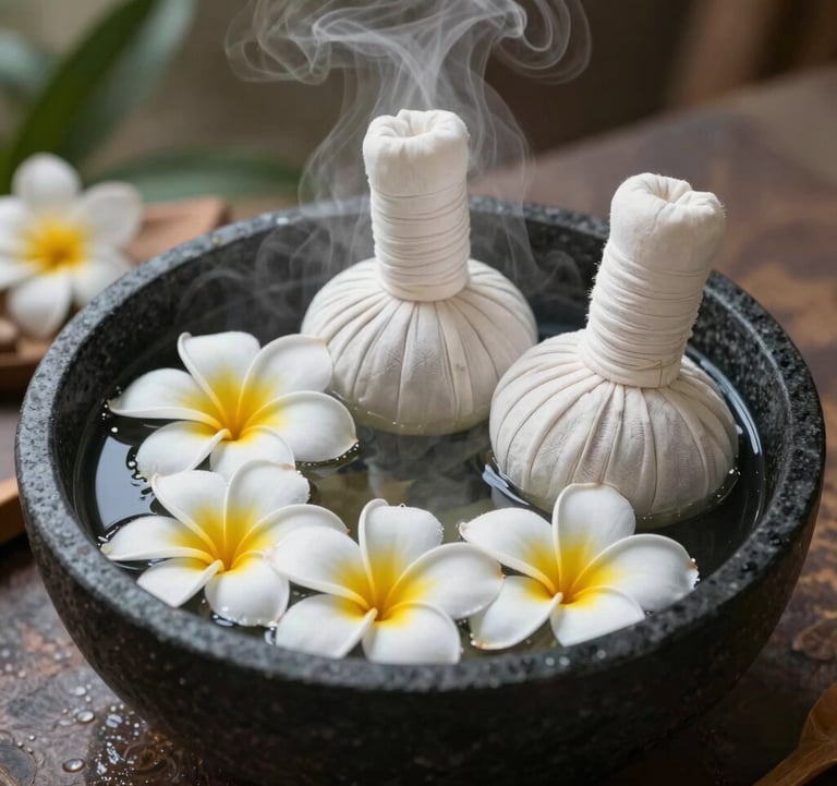 An elegant black stone bowl filled with clear warm water, floating white and yellow frangipani flowers, and herbal massage stamps. Soft herbal steam rising, luxury wellness spa setting, peaceful natural background, Southeast Asian / Indonesian style.