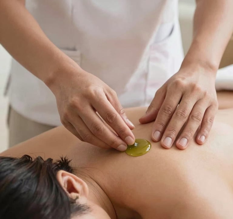 Close-up shot of hands of a professional Southeast Asian / Indonesian therapist gently applying organic green tea oil onto a client's shoulder in a peaceful and professional atmosphere.