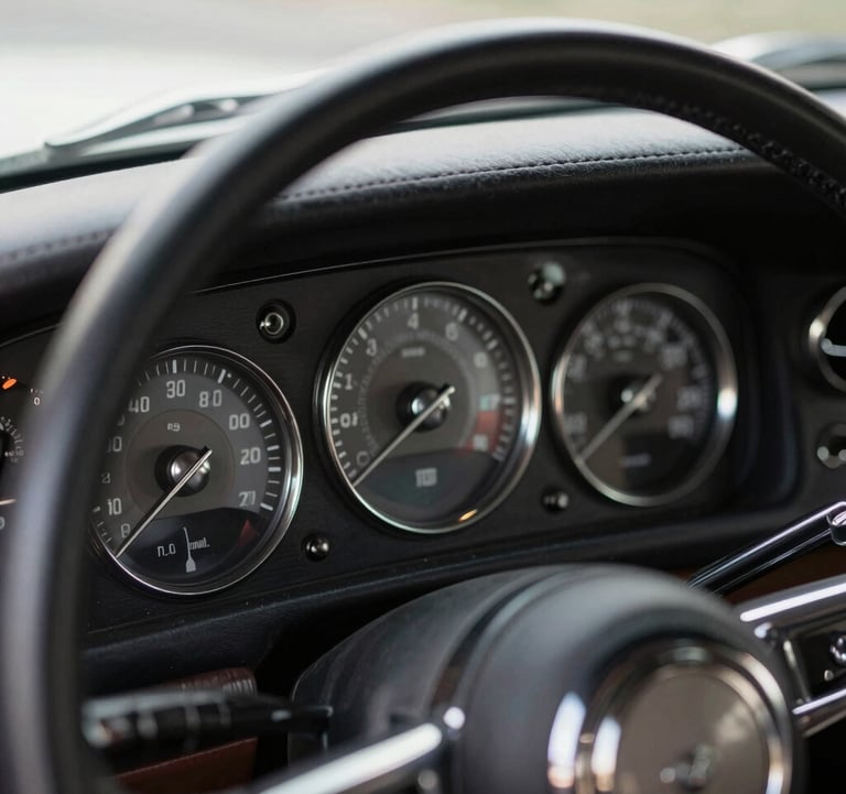 A close-up of a classic luxury car's interior, showing the leather dashboard and silver chrome dials, capturing a sense of timeless strength and modern elegance.