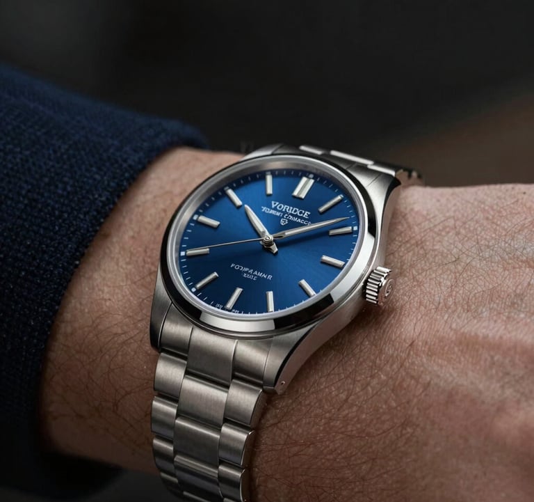 Macro shot of a luxury automatic watch on a man's wrist, silver metallic textures (#7D8C9C) reflecting deep blue lighting, sharp focus, premium lifestyle feel.