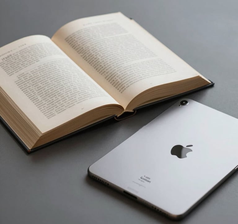 Cover-style shot of an open classic book next to a modern titanium tablet. Represents the balance of tradition and technology. Tones of #7D8C9C and #0C1E38.