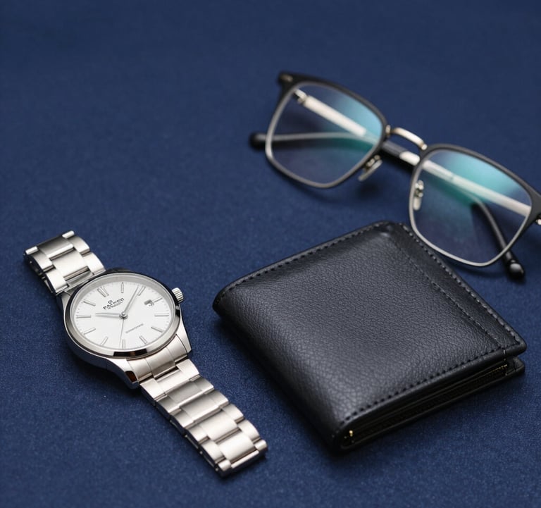 Detailed shot of premium men's accessories: a silver watch, a slim leather wallet, and luxury eyewear placed on a clean navy fabric background. Sharp lines, sophisticated metallic glints, understated power.