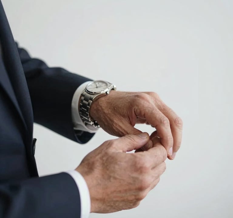 Detail of a man's hand in a dark suit adjusting a high-end silver watch, clean background, sharp focus, reflecting authority and precision.