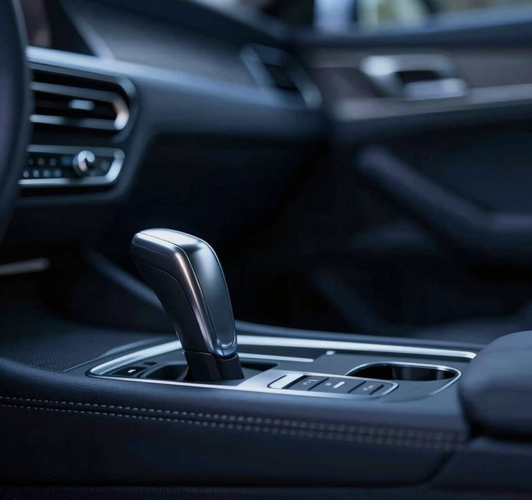 A minimalist and sharp detail of a high-performance luxury car's interior, focusing on the metallic silver gear shifter and dark leather upholstery, lit with a cold, elegant blue light (#0C1E38).