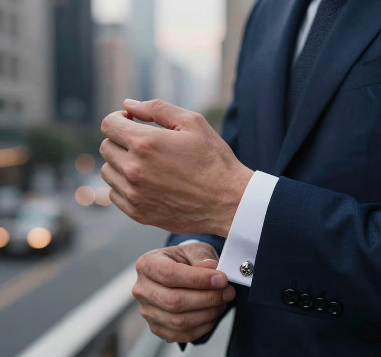 A detailed close-up of a man's hand in a bespoke navy suit sleeve, adjusting a silver cufflink. The background is a blurred high-end urban setting at dusk, reflecting #0C1E38 and #7D8C9C palette.