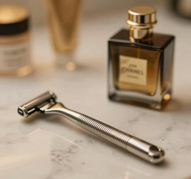 A collection of premium grooming essentials on a marble surface, including a silver razor and a dark glass cologne bottle, lit with warm gold tones.