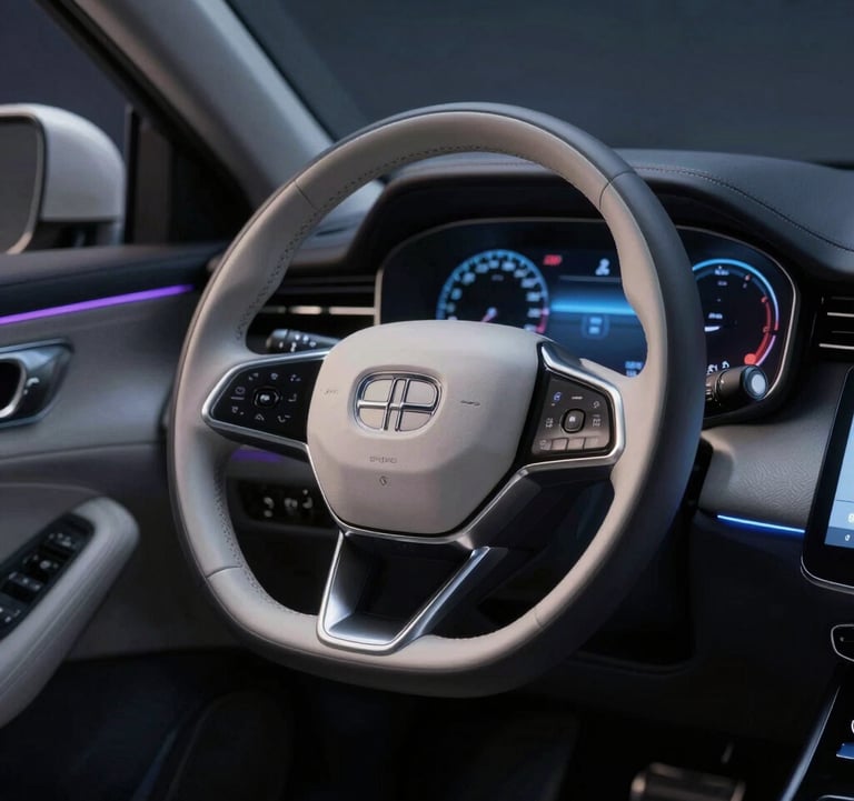 A luxury car interior at night, focus on the silver metallic steering wheel and the glowing dashboard. Sophisticated, tech-forward, and powerful.