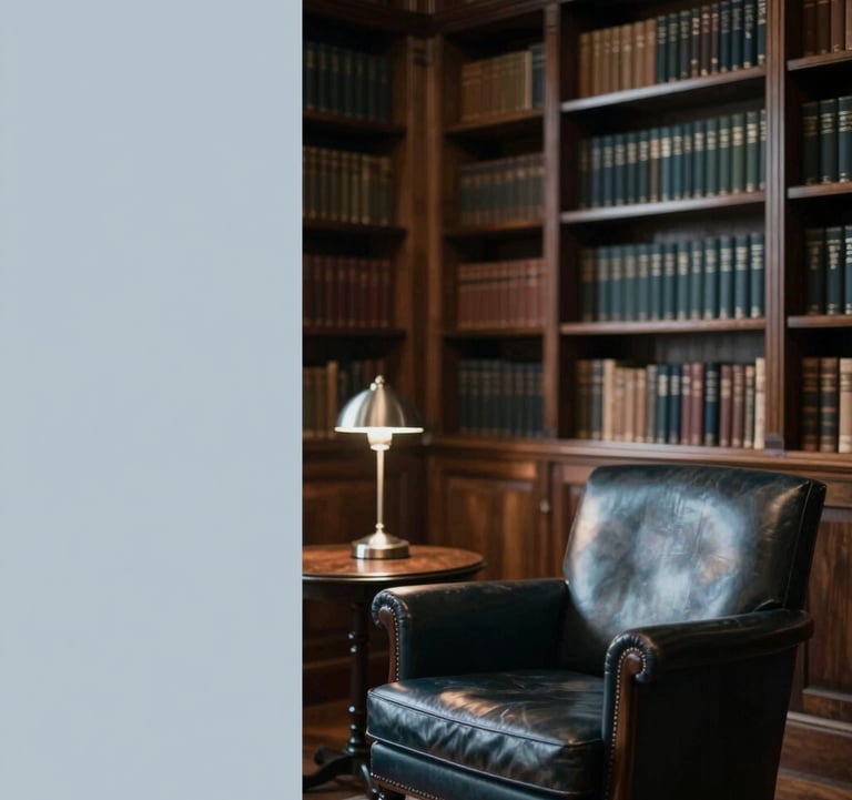 An interior shot of a sophisticated private library with dark wood shelves, a leather armchair, and a small silver lamp. The atmosphere is quiet, powerful, and aspirational, utilizing #0C1E38 and #7D8C9C tones.