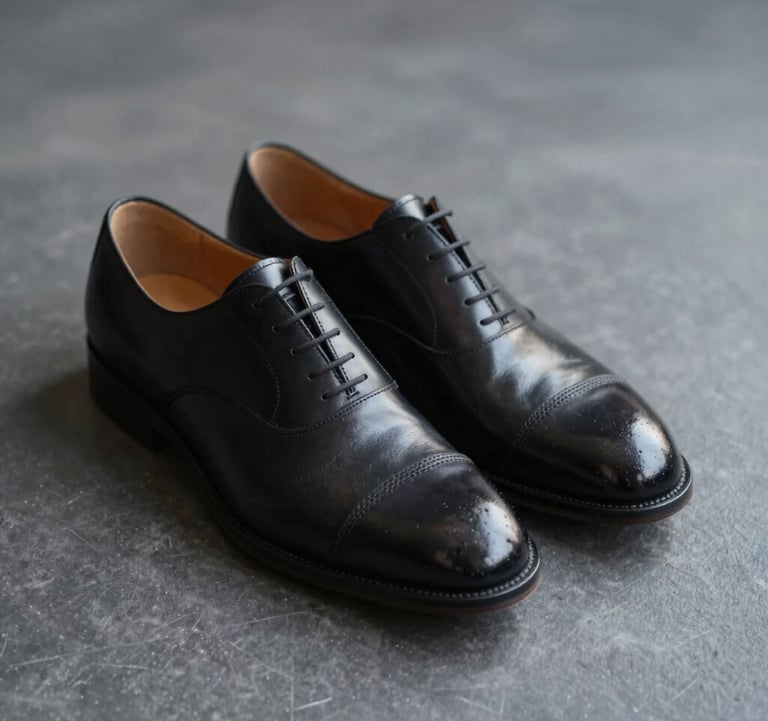 Close up of a pair of high-quality leather oxford shoes on a dark grey floor. Clean, minimalist, sharp focus on texture and craftsmanship.