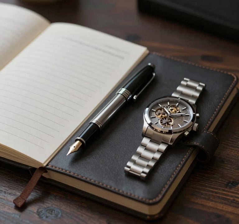A minimalist and powerful composition featuring an open leather journal, a high-end fountain pen, and a mechanical watch on a dark wooden desk. Moody lighting, evoking a sense of discipline and strategic thinking.