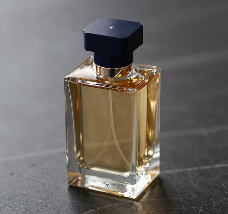 Close-up of a luxury perfume bottle on a dark marble surface. The glass is heavy and faceted, catching soft golden light. The overall mood is sophisticated and masculine, incorporating brand colors #0C1E38 and #B08D5B.
