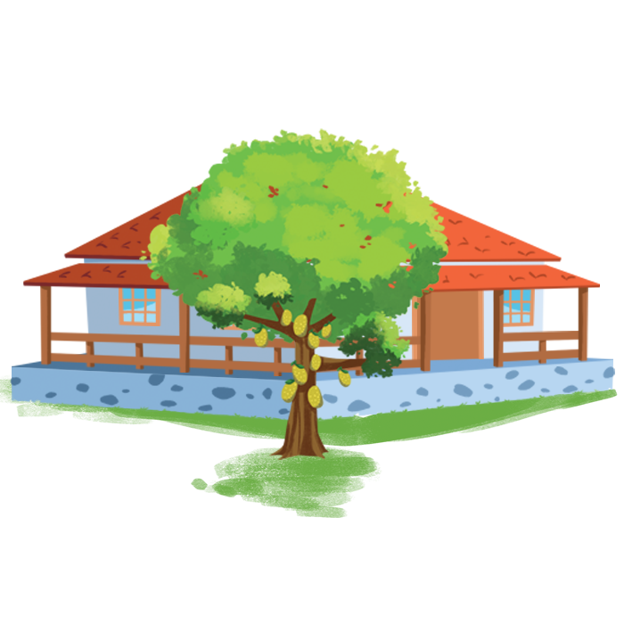 casa de fazendo com telhado laranja e uma grande árvore na frente