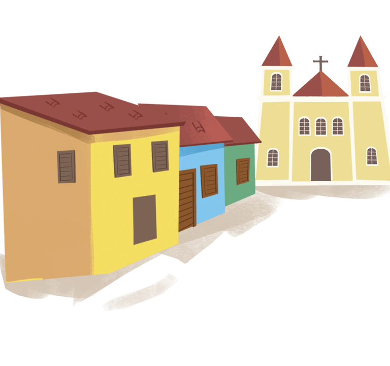 imagem de uma cidade de casas coloridas e uma igreja ao fundo